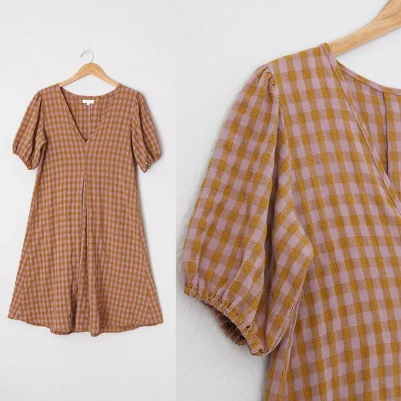 Reminiscence Gingham Plaid Seersucker Puff Short Sleeves Flared Dress Mini Tan - Picture 13 of 13
